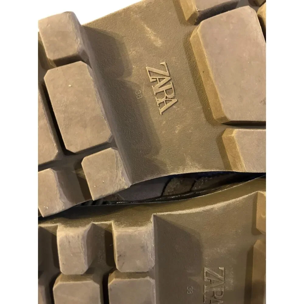 ZARA Combat Boots - Laced Split Leather Low Heel Ankle - Khaki Size 38 (US 7.5) - Picture 7 of 7